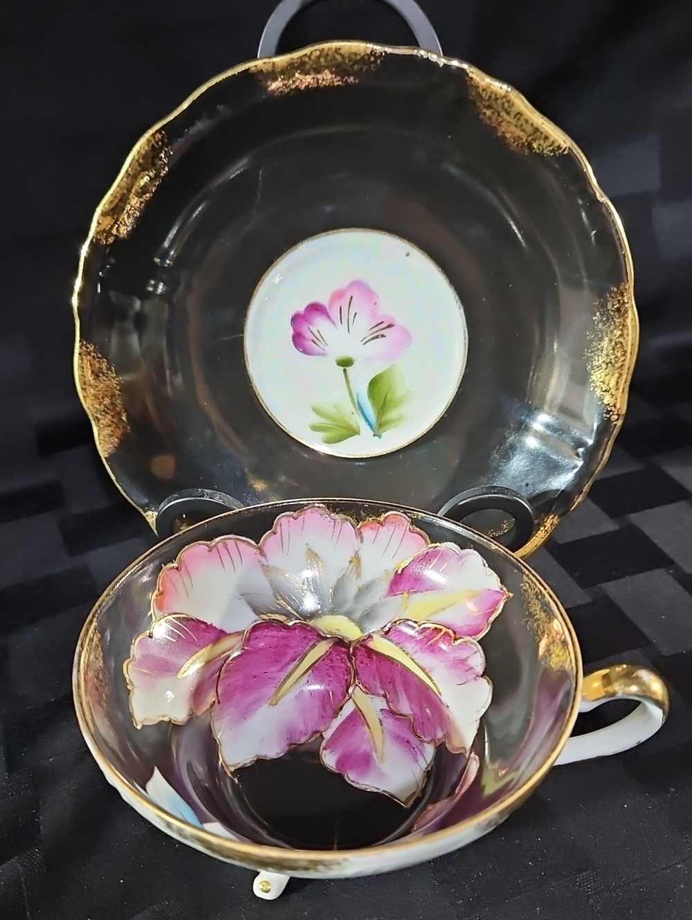 Porcelain Black Colorful Water Lily and Orchid Lustreware Teacup and Saucer